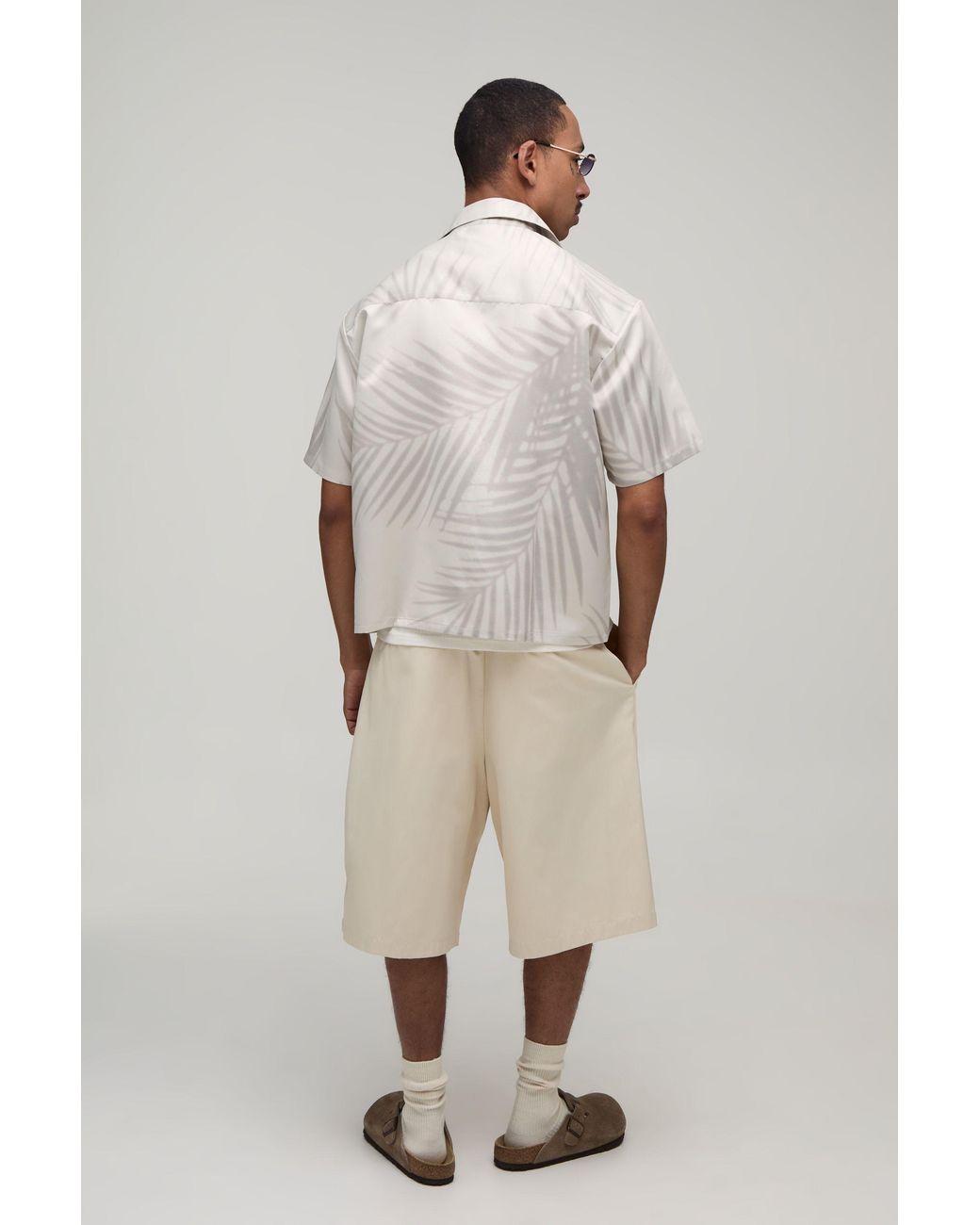 BoohooMAN White Oversized Short Sleeve Tonal Palm Print Satin Shirt for men