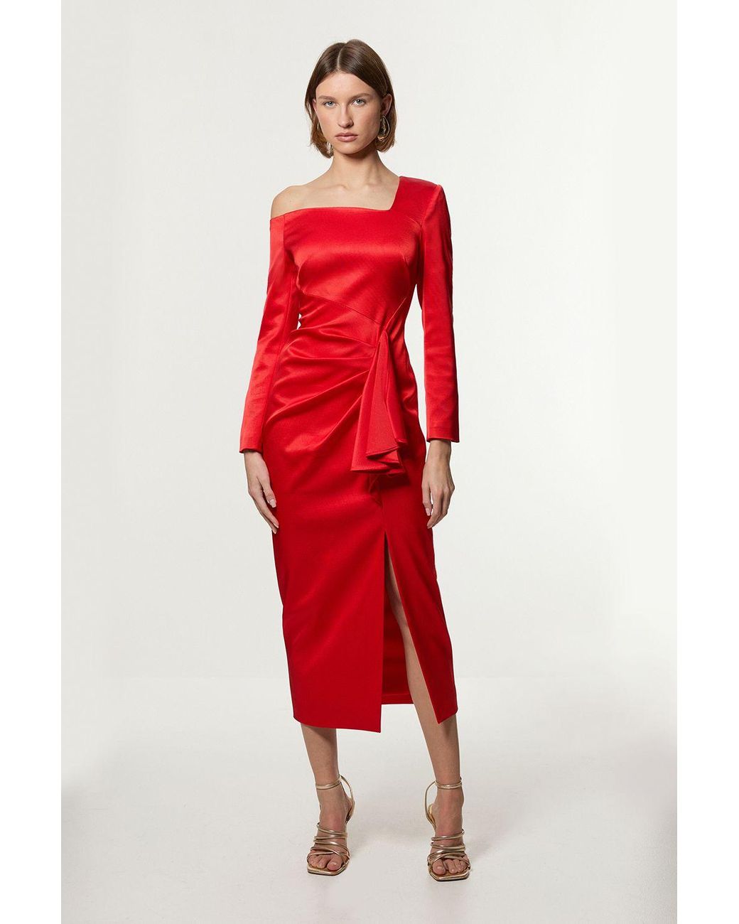 Karen Millen Petite Italian Structured Rib Asymmetric Neckline Draped  Tailored Maxi Dress | Lyst UK