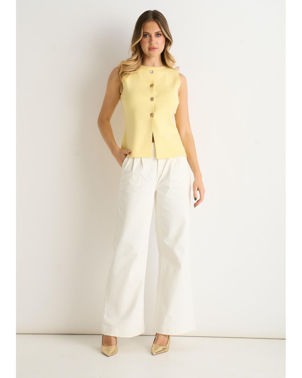 Gini London White Lemon Button Front Compact Knit Waistcoat