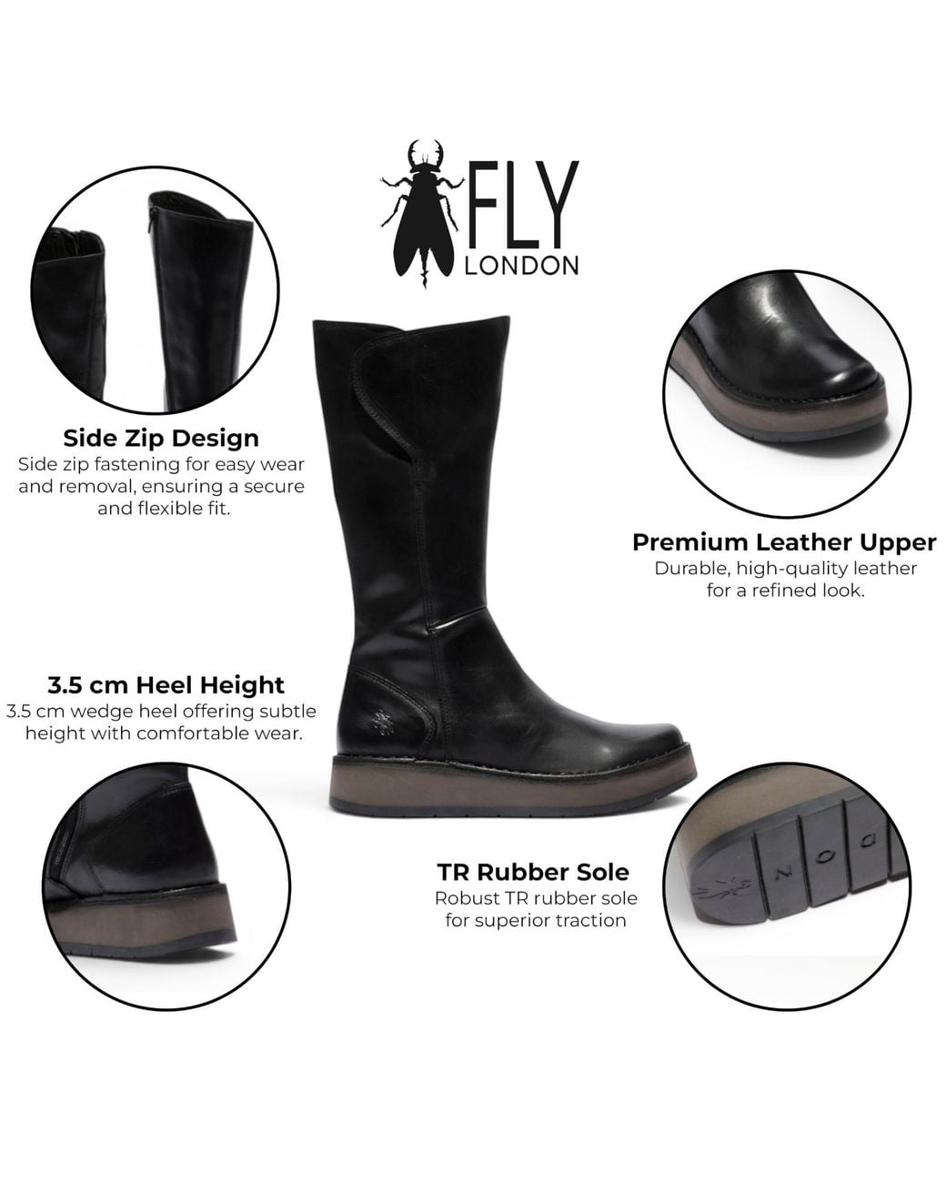 Fly London Black Leather High Pull On Long Boots