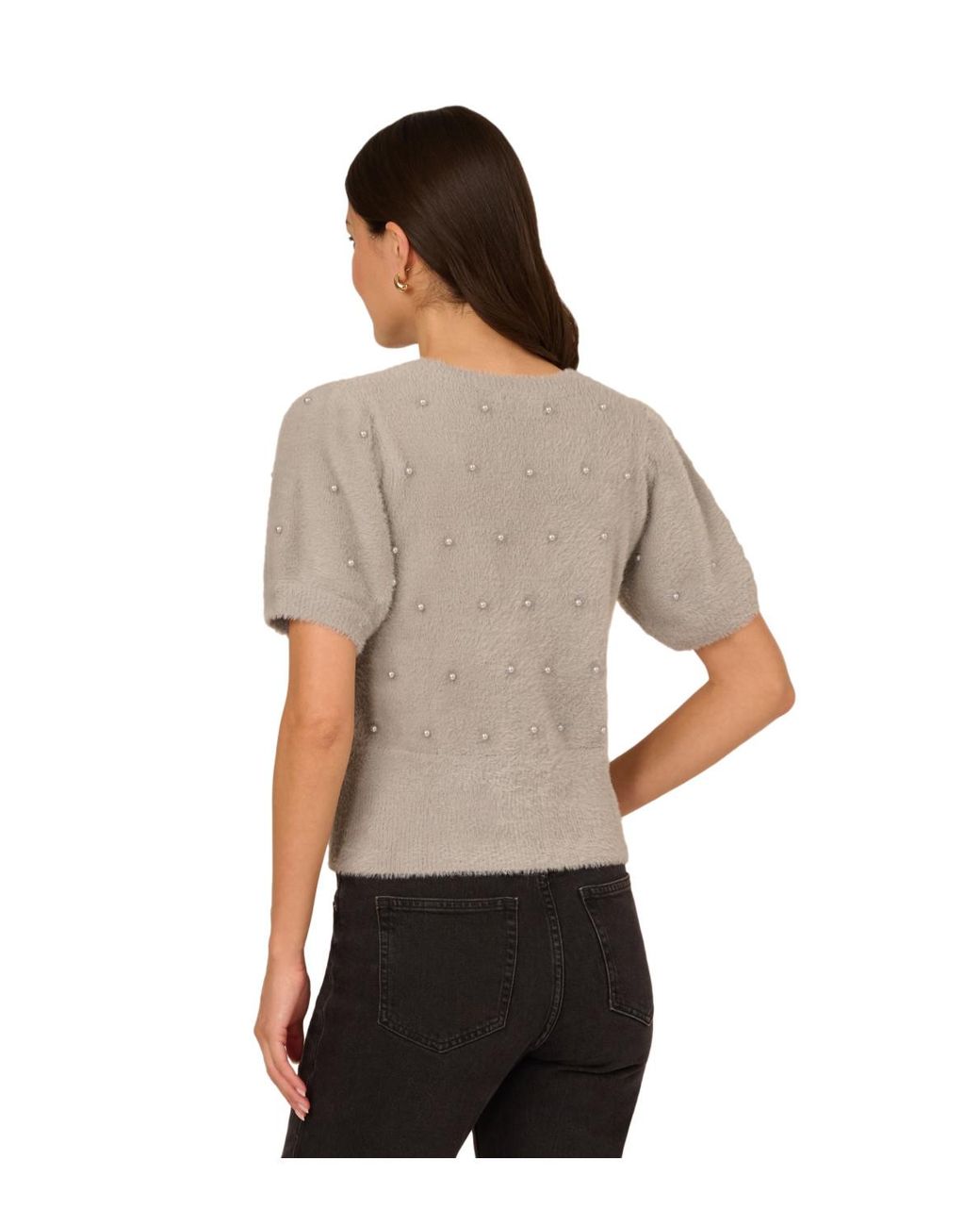 Adrianna Papell Black Crew Neck Pearl Embellished Short Sleeve Fuzzy Sweater