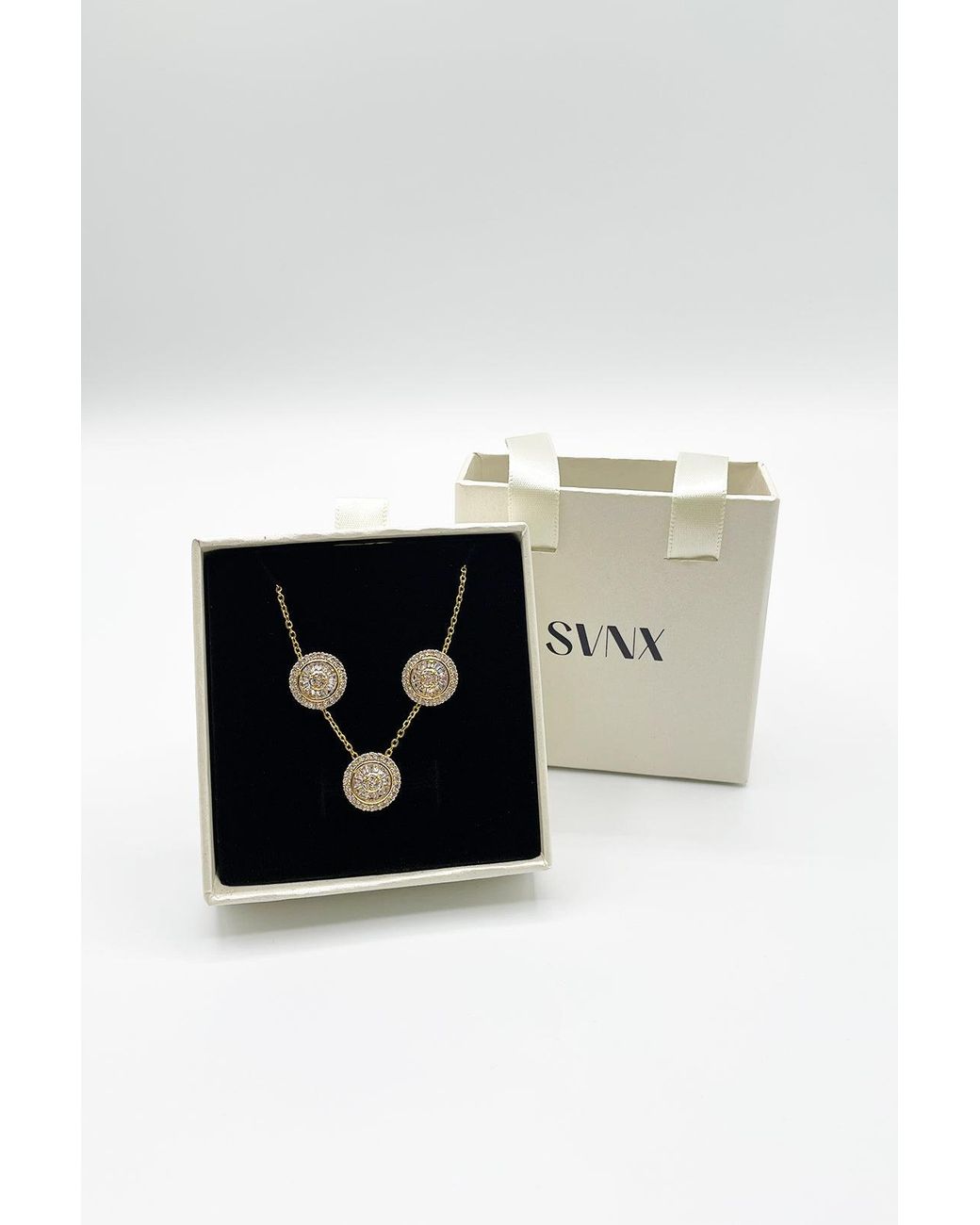 SVNX Black Diamante Halo Necklace & Earrings Set