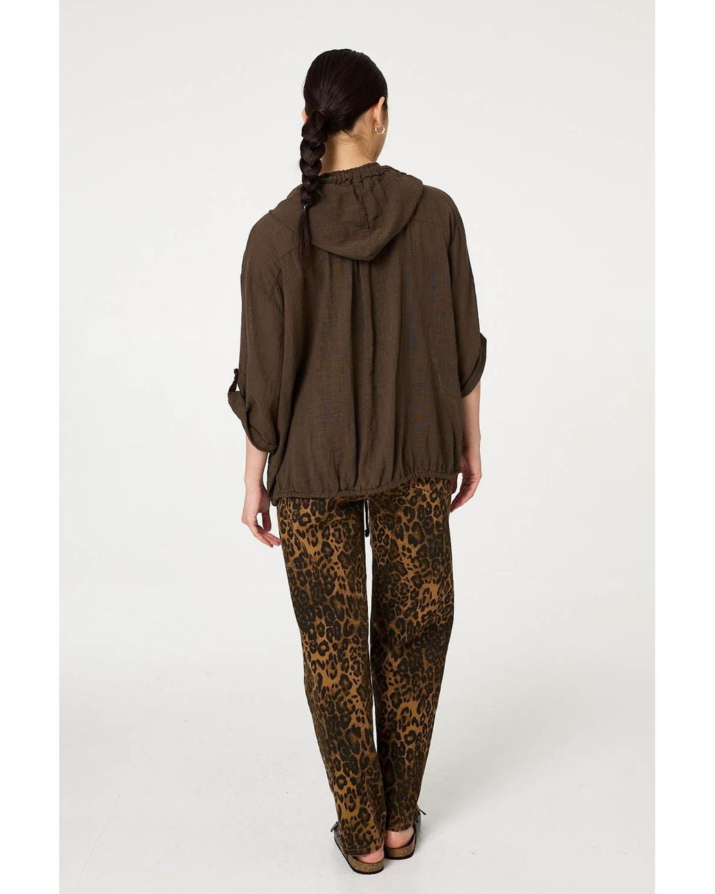 Izabel London Brown 3/4 Sleeve Hooded Zip Front Jacket
