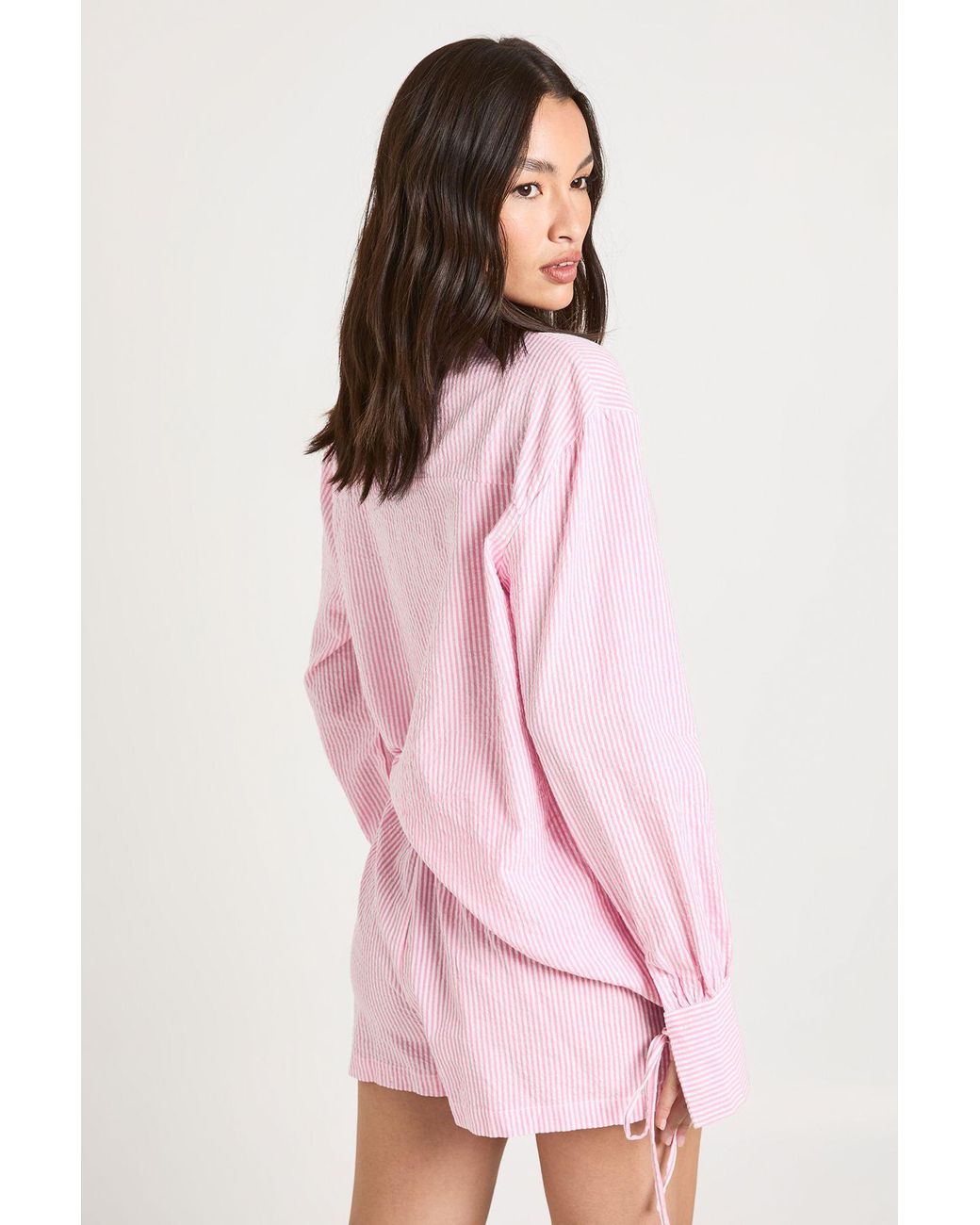 Boohoo Pink Crinkle Stripe Tie Cuff Shirt And Short Co-Ord