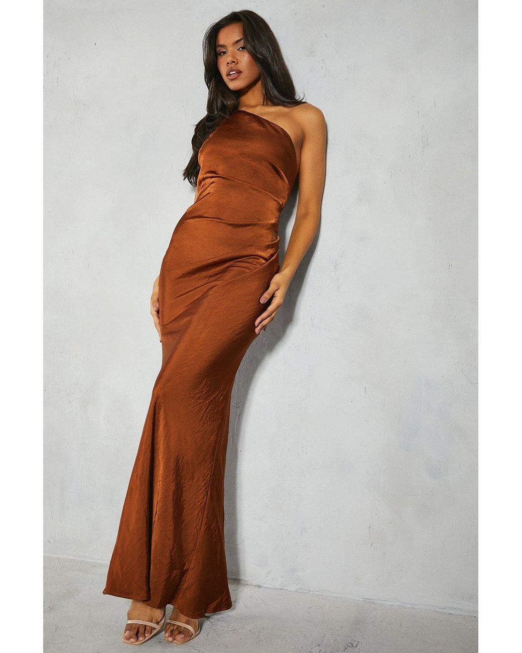 MissPap Satin Asymmetric Strap Pleated Waist Low Back Maxi Dress in Brown