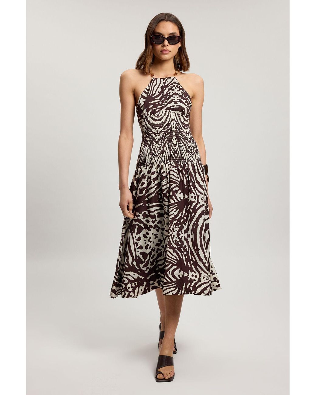 Karen Millen Multicolor Shirred Animal Print V Neck Trim Detail Woven Midi Dress