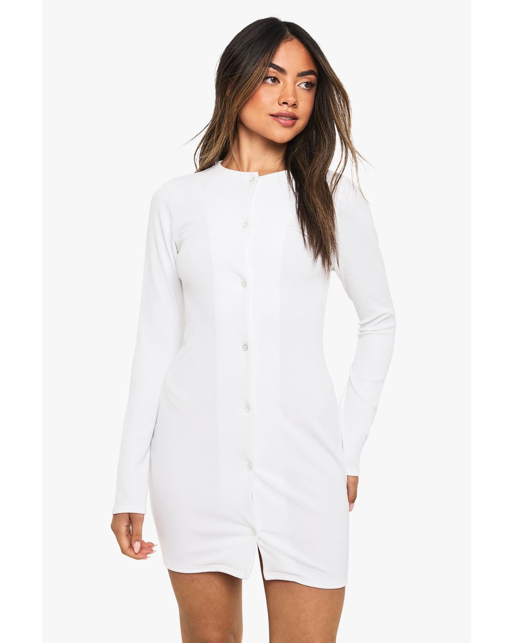 Boohoo White Rib Button Down Mini Dress