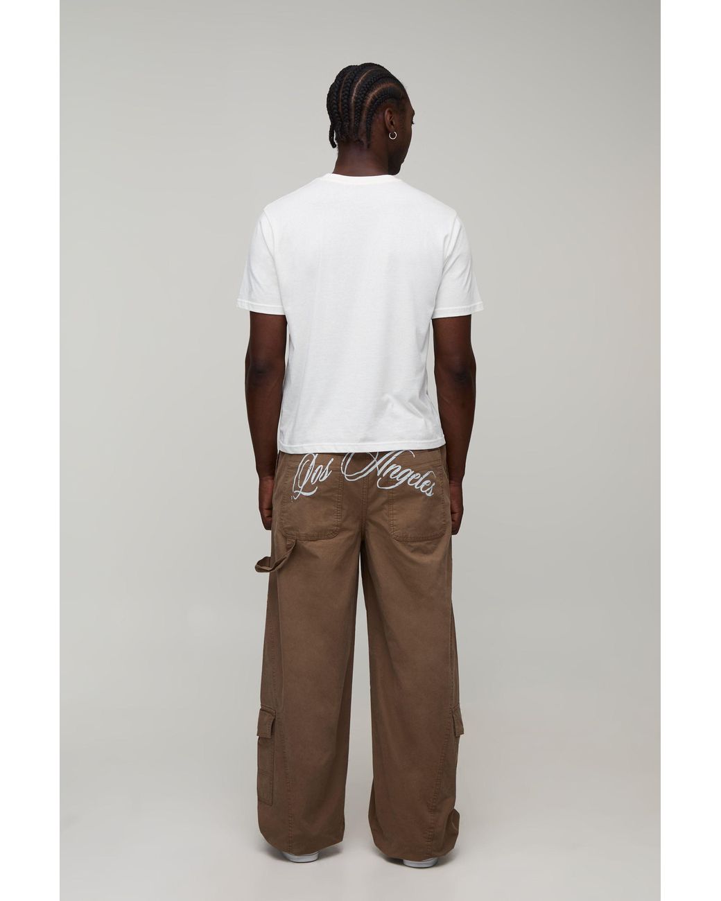 BoohooMAN Brown Tall Baggy Fit La Gusset Cargo Trousers for men