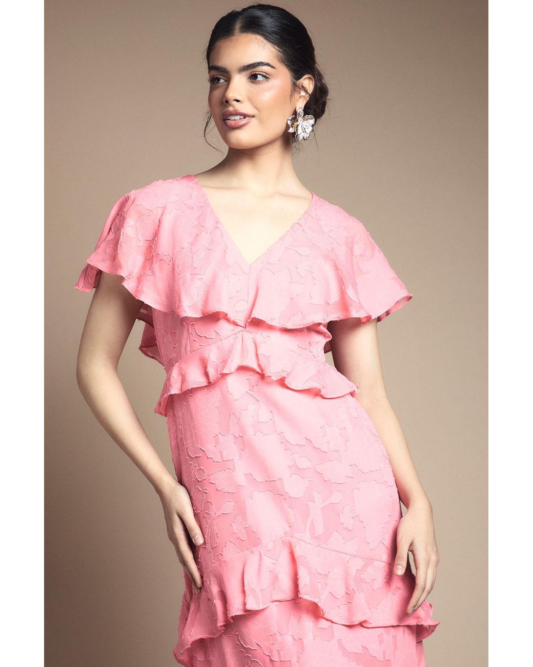 Oasis Pink Jacquard Ruffle Maxi Dress