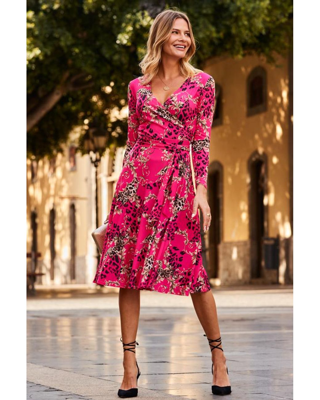 Sosandar Red Multi Print Faux Wrap Midi Jersey Dress