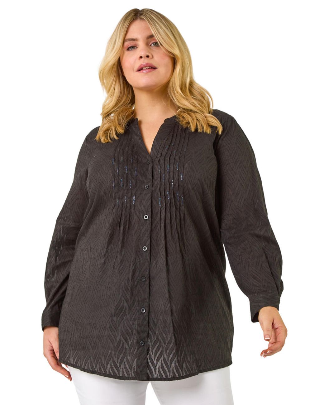 Roman Black Curve Shimmer Jacquard Blouse