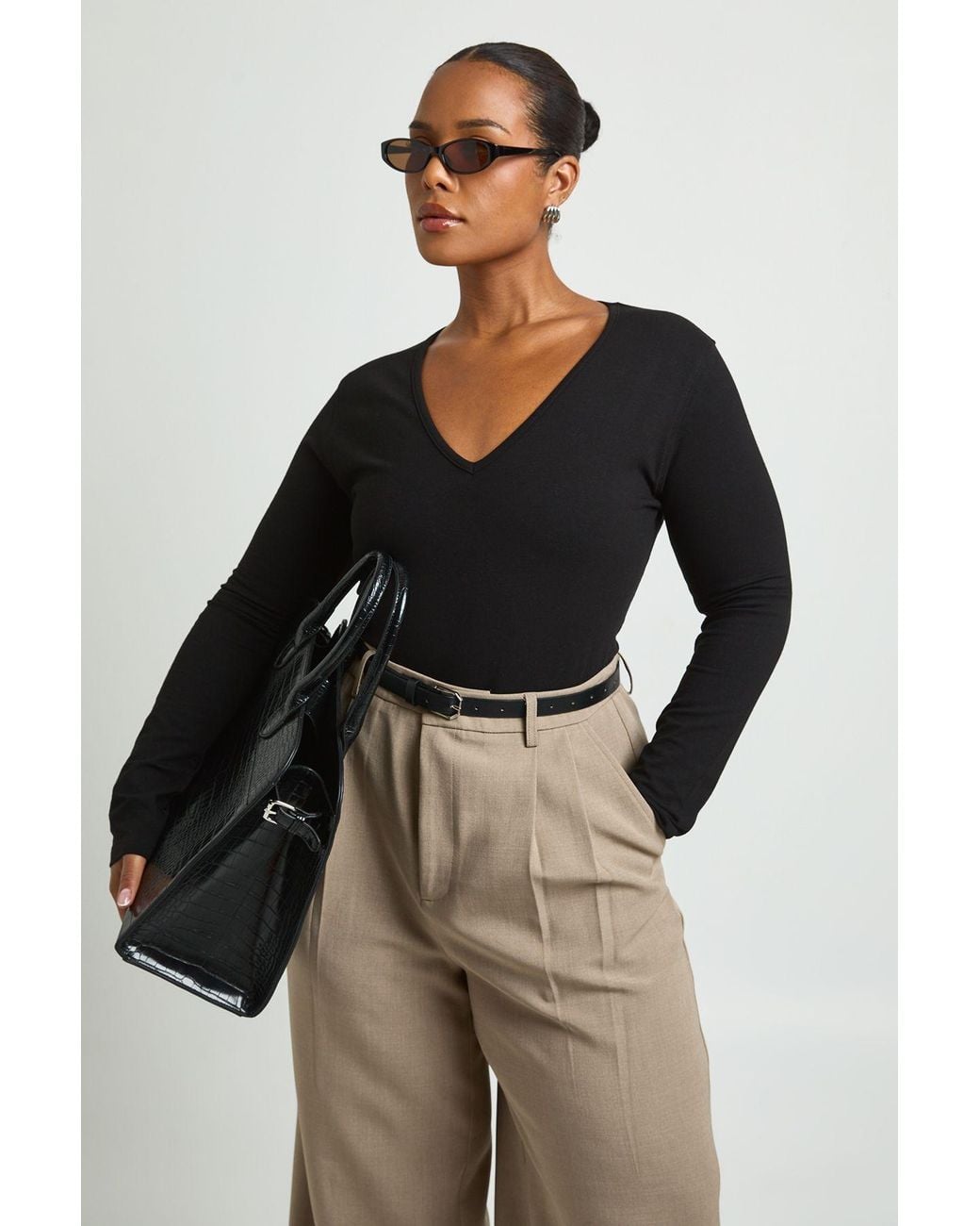Boohoo Black Plus Deep V Neck Long Sleeve Fitted Top