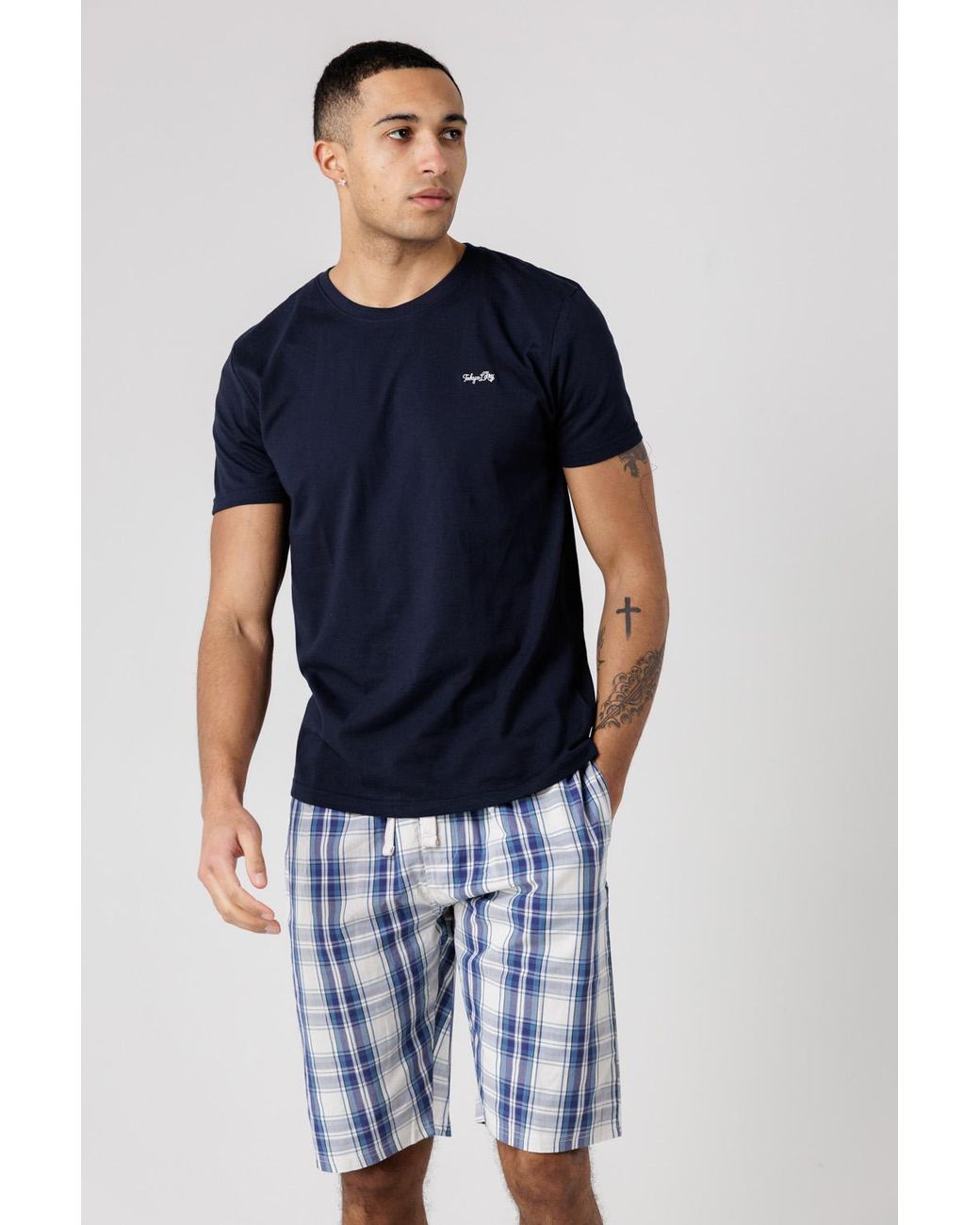Tokyo Laundry Blue Crew Neck T-Shirt And Checked Shorts Pyjama Set for men
