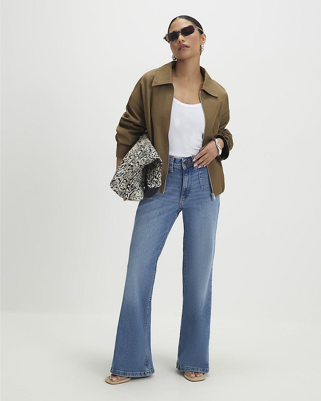 River Island Blue Flared Jeans Petite Relaxed Zip Cotton