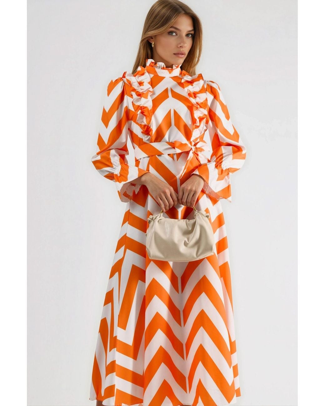 Msn-Collection Orange Geometric Frilly Maxi Dress With Half Turtleneck