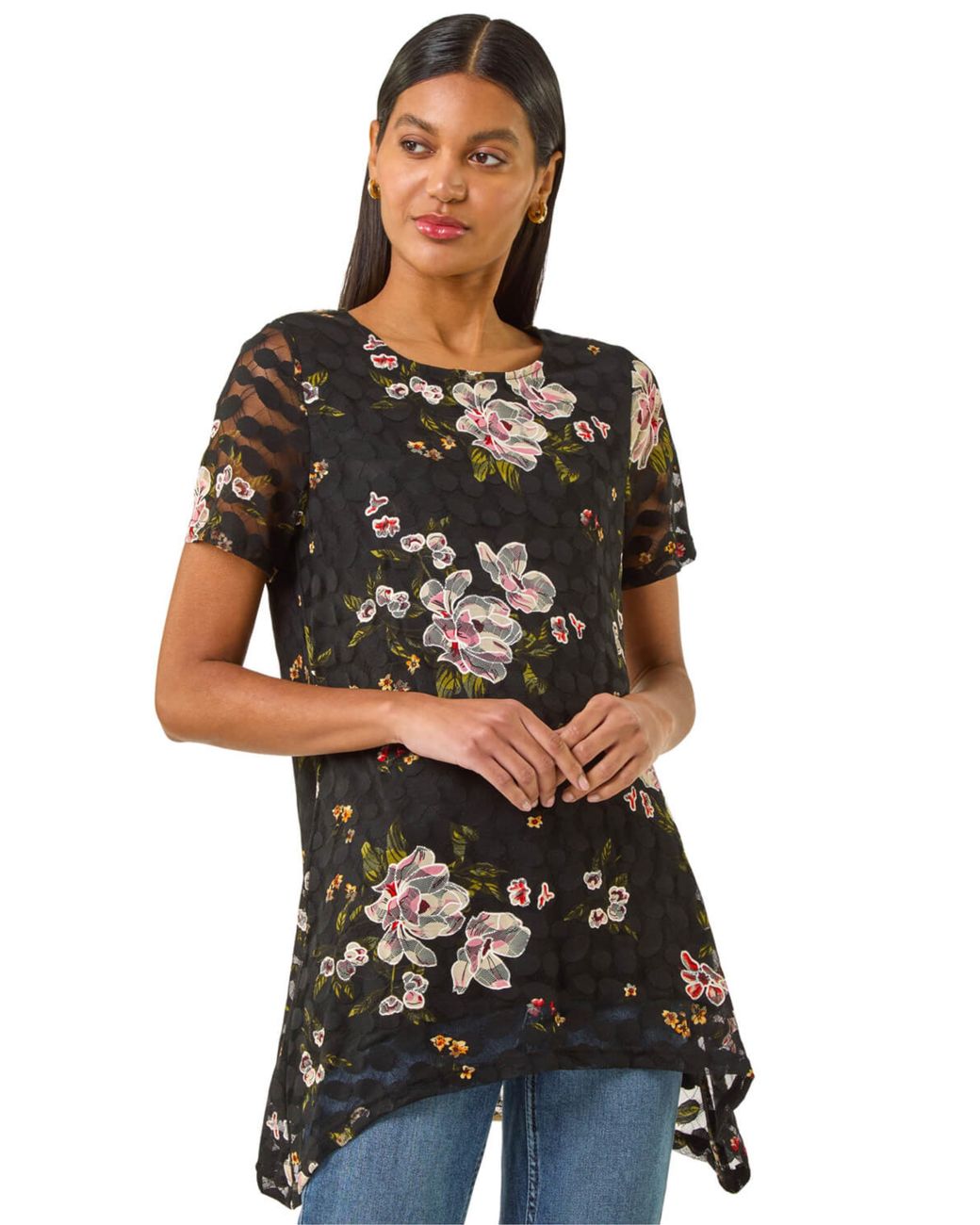 Roman Black Floral Print V-Neck Lace Stretch Top