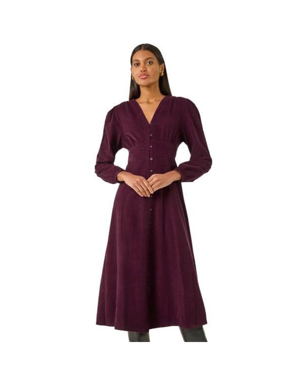 Roman Purple Corduroy Button Through Midi Dress