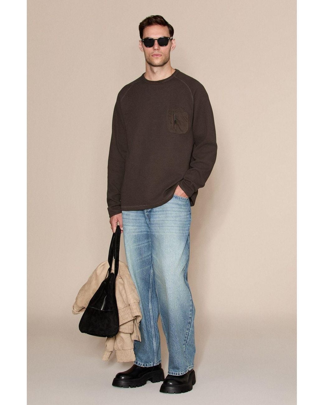 Grimelange Blue Crew Neck Pocket Sweatshirt for men