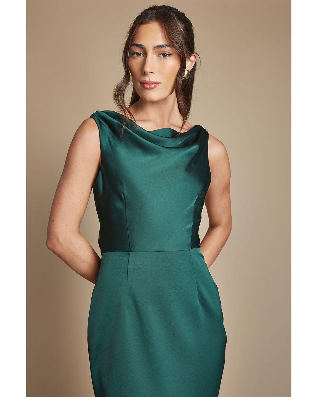 Oasis Green Cowl Neck Open Back Midi Bridesmaid Dress