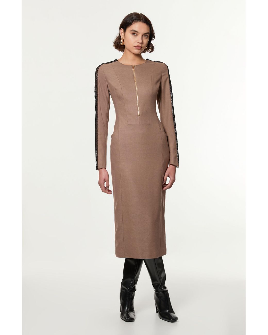 Karen Millen Natural Tall Tailored Twill Lace Mix Zip Front Midi Dress