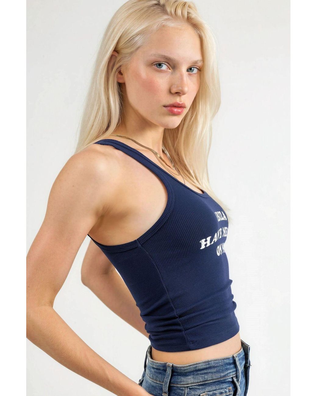 Busem Blue Ribbed Printed Sleeveless U Collar Tank Top