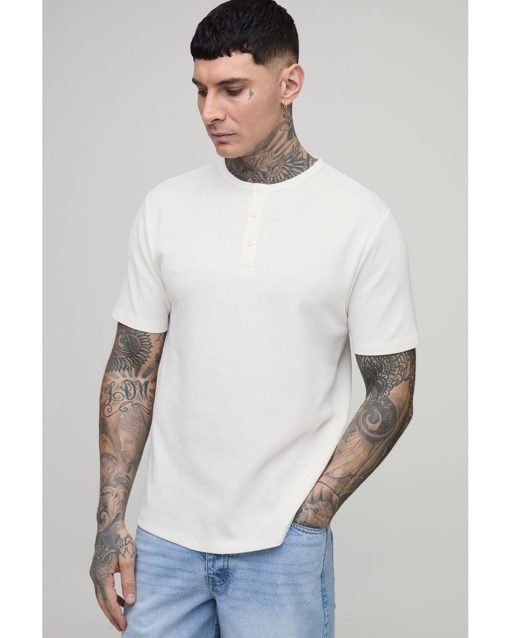 BoohooMAN White Tall Slim Fit Waffle Henley T-Shirt for men