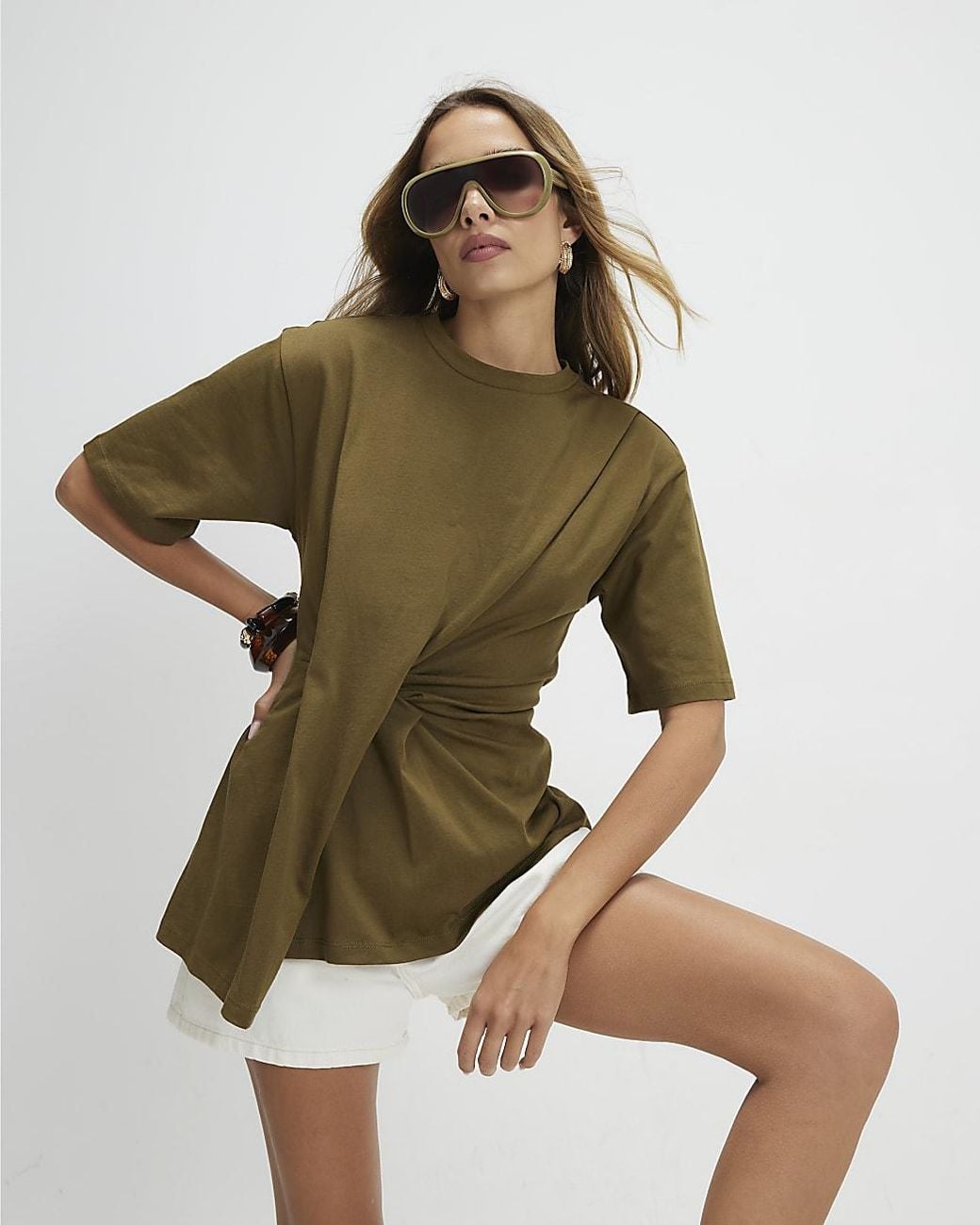 River Island Green T-Shirt Cotton Short Sleeve Pleat Front
