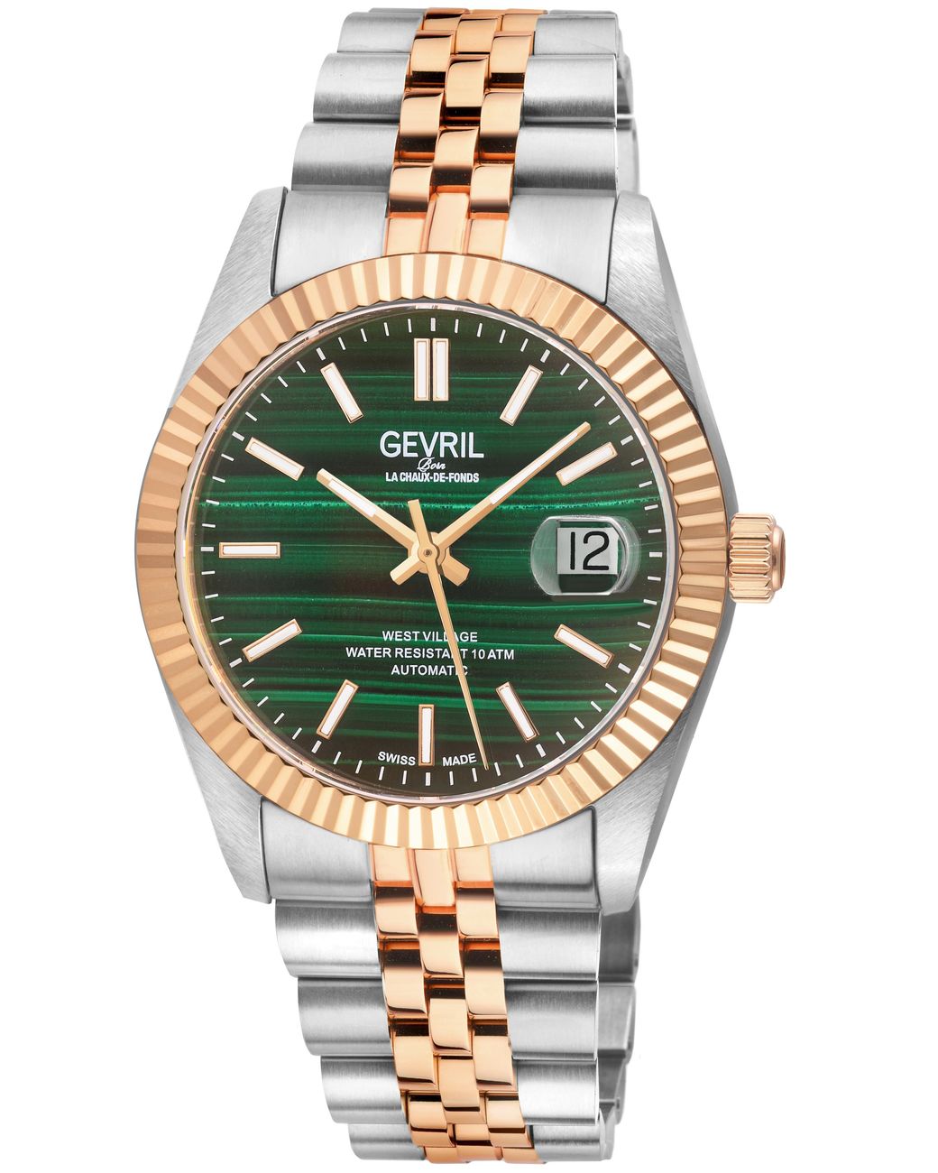 Gevril Gray Automatic West Village. 316L Stainless Steel Iprg Case, Malachite Dial, 316Lstainless Bracelet for men