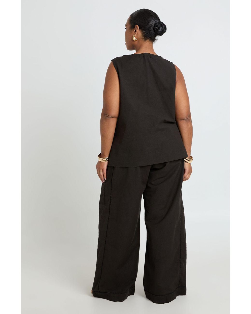 Boohoo Black Plus Laddered Detail Boat Neck Top & Wide Leg Trouser Co Ord