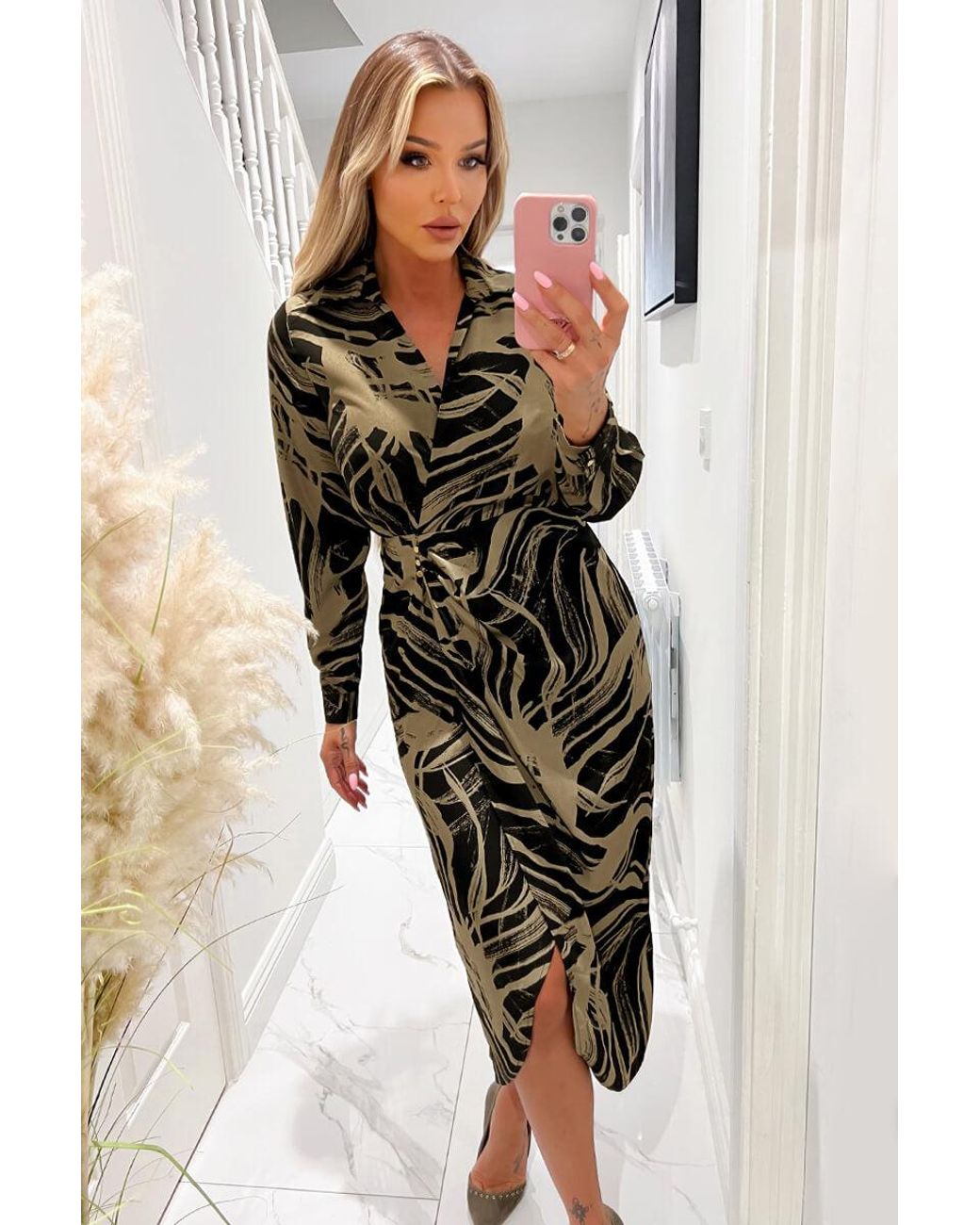 AX Paris And Khaki Print Wrap Collared Midi Dress in Black Lyst UK