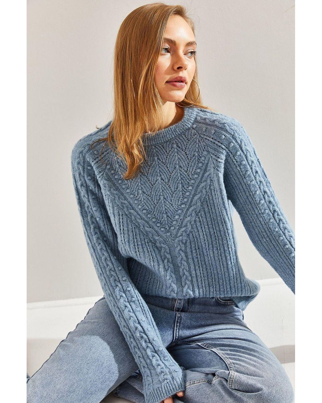 Bianco Lucci Blue Patterned Thick Crew Neck Sweater