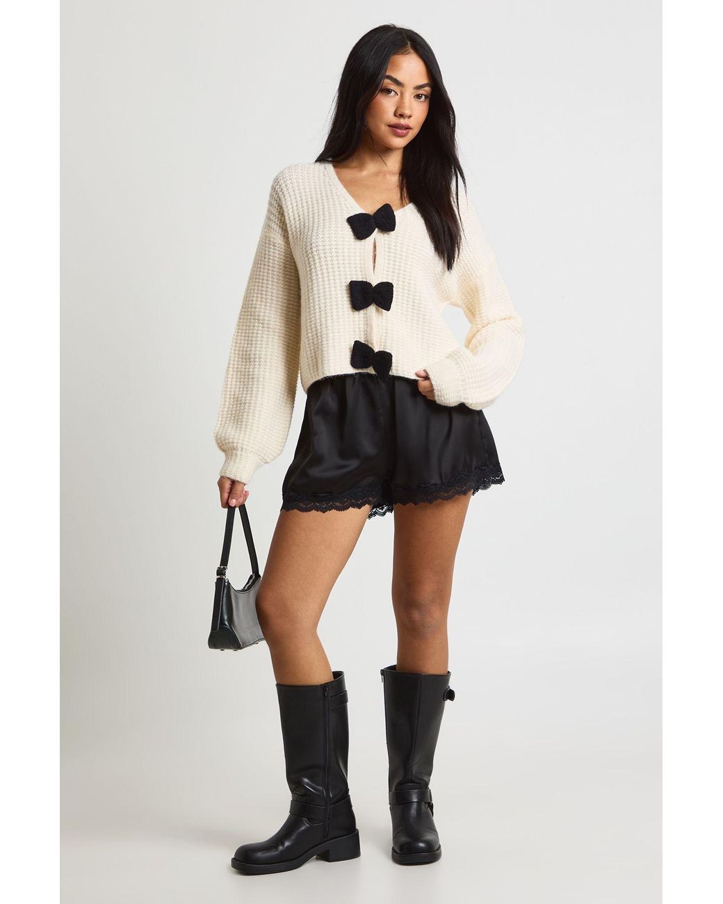 Boohoo Natural Chunky Knit Oversized Bow Button Cardigan