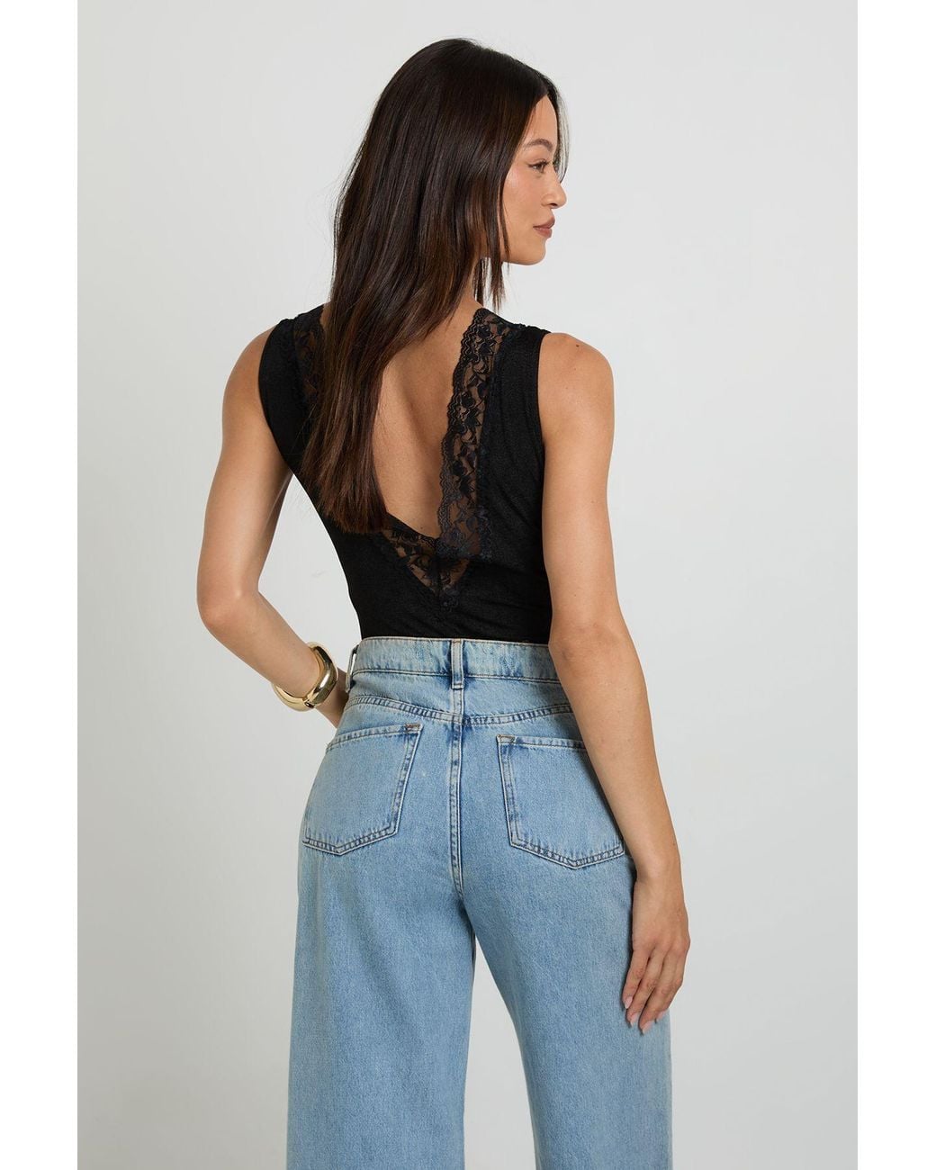 Boohoo Blue Tall Lace Trim V Neck Bodysuit