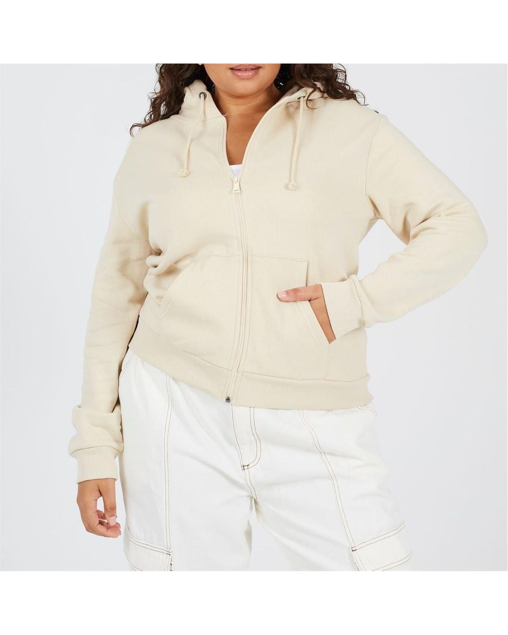 Brave Soul Natural Solid Patterned Hooded Ribbed Cuff Sweat Jacket With Kangaroo Pocket