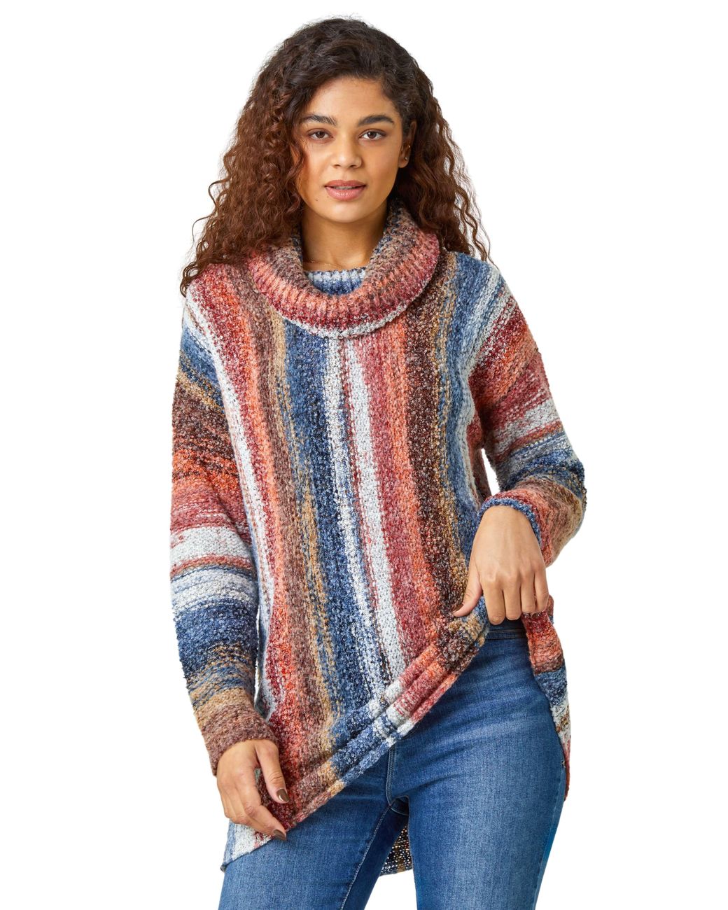 Roman Blue Boucle Stripe Cowl Neck Jumper