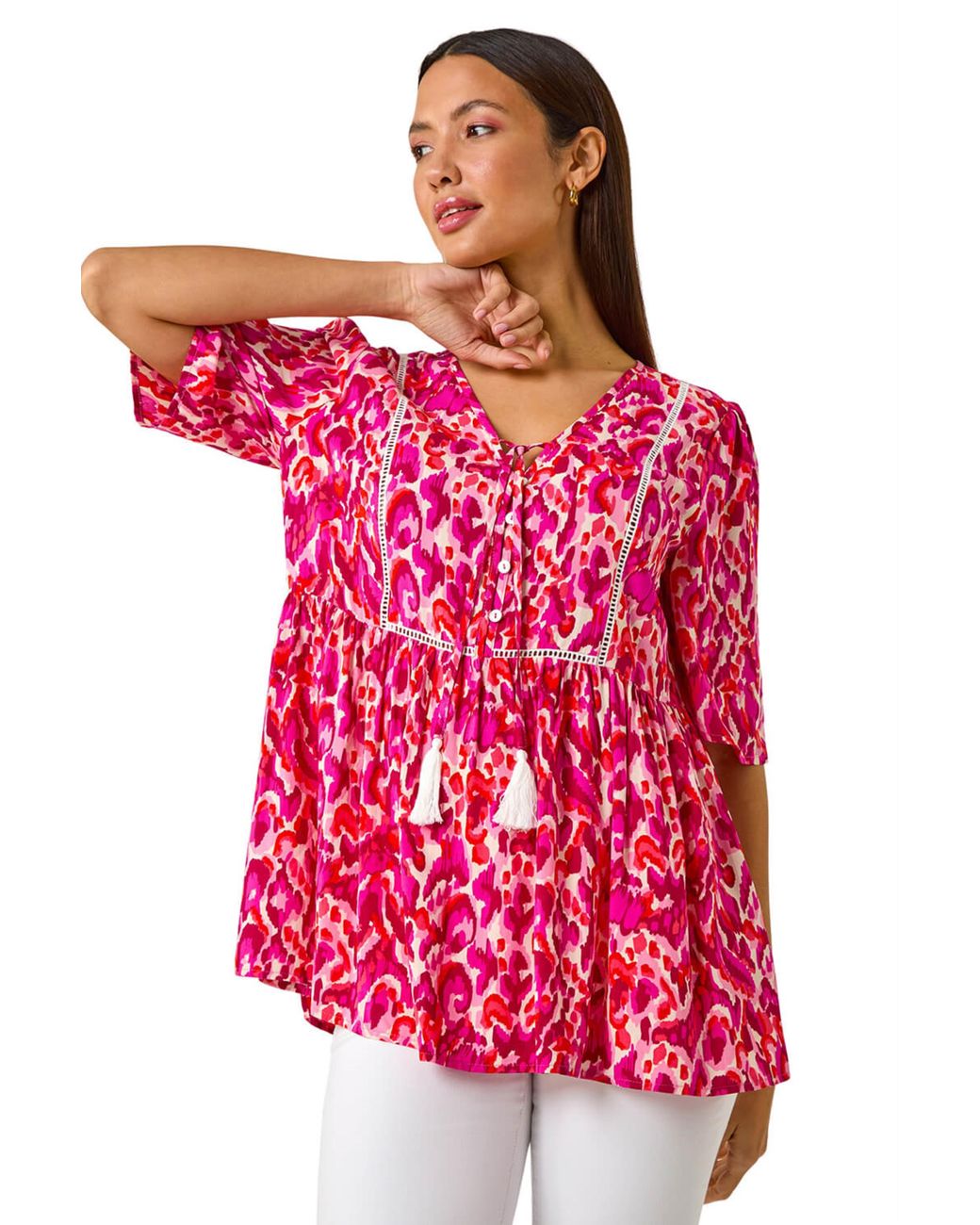 Roman Red Abstract Print Tassel Top