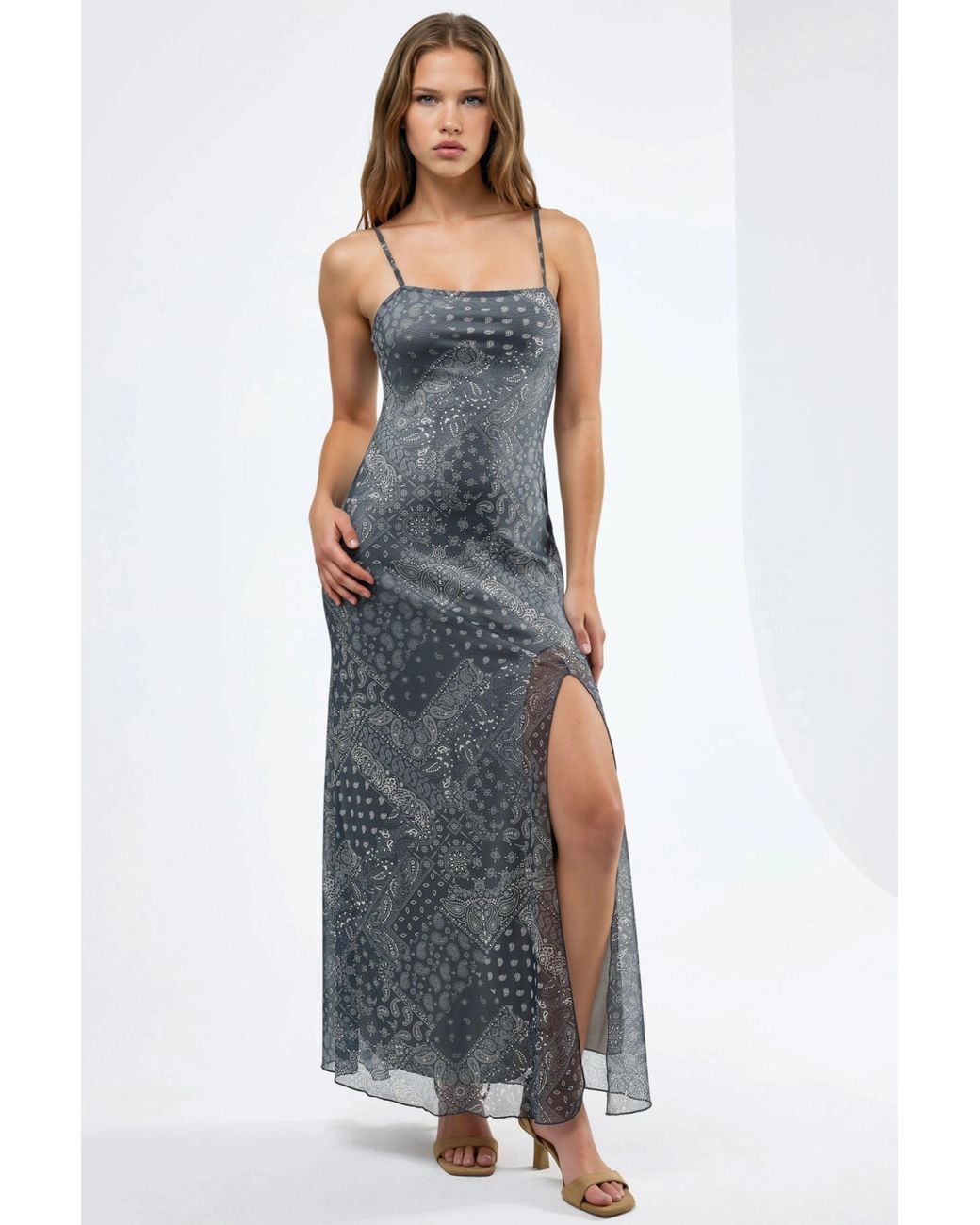 Hiccup Blue Square Collar Printed Midi Dress