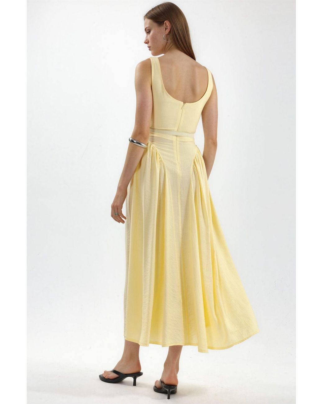 Busem Metallic Square Collar Belted Midi Dress