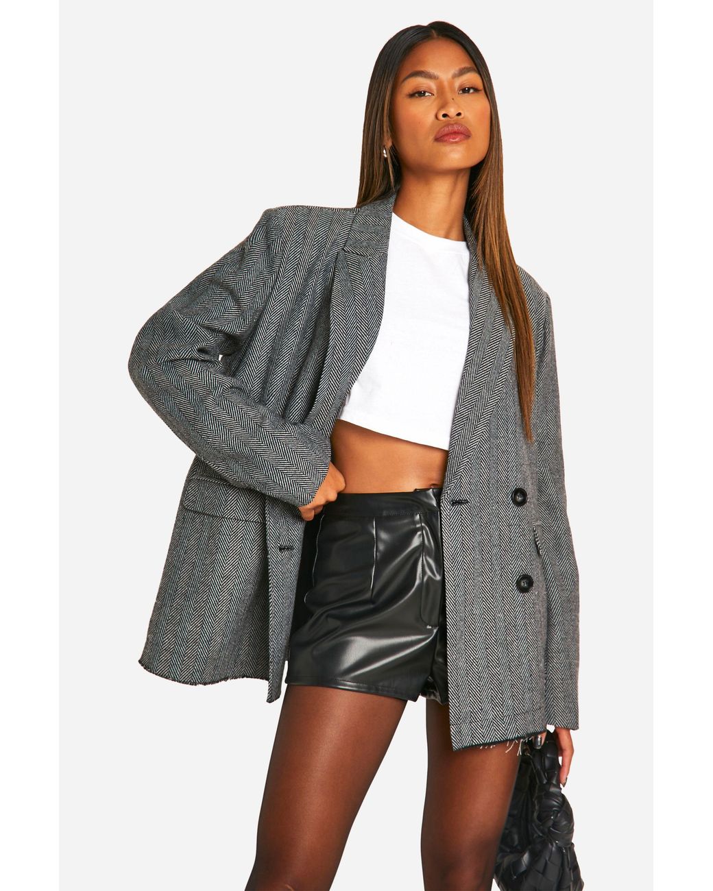 Boohoo Gray Herringbone Frayed Hem Oversized Double Breasted Blazer