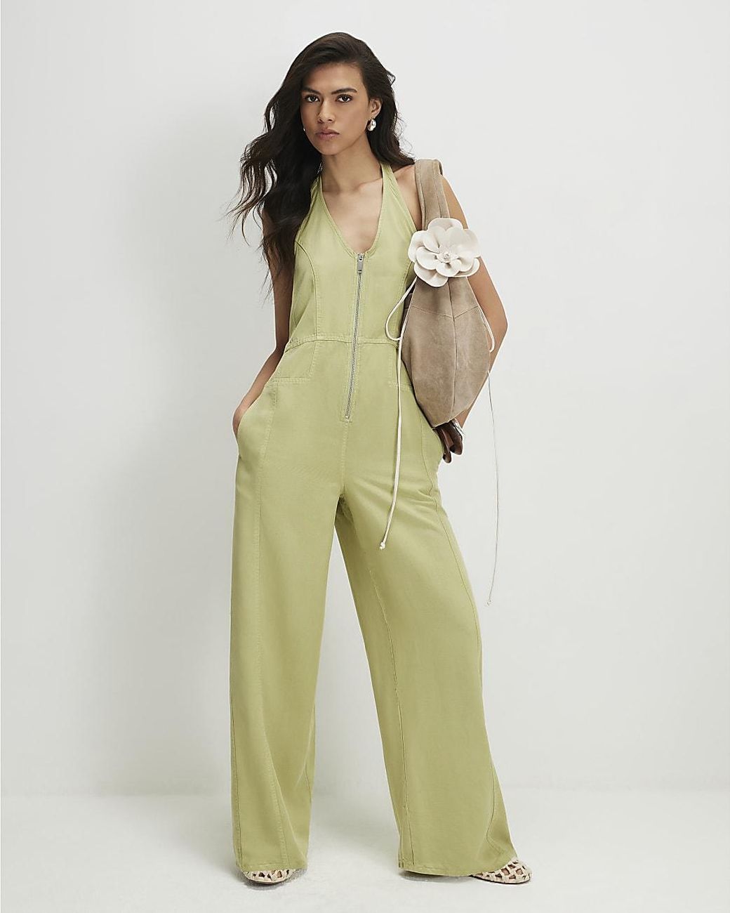 River Island Green Jumpsuit Halter Neck Denim Halterneck Lyocell