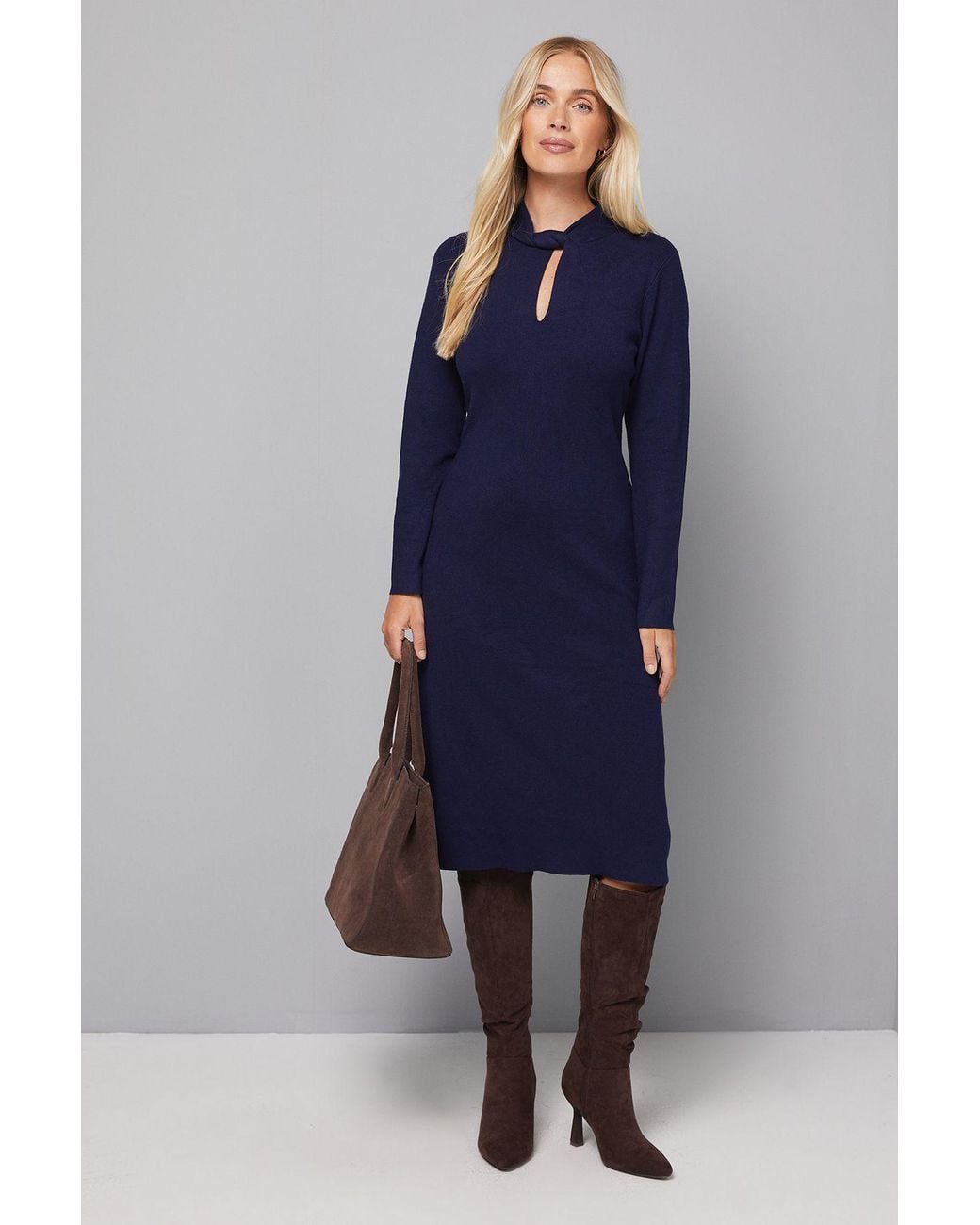 Wallis Blue Petite Twist Neck Keyhole Knitted Dress
