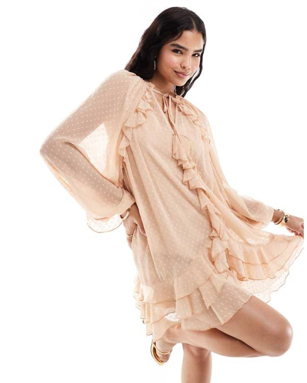 ASOS Natural Dobby Chiffon Mini Dress With Ruffles & Blouson Sleeve