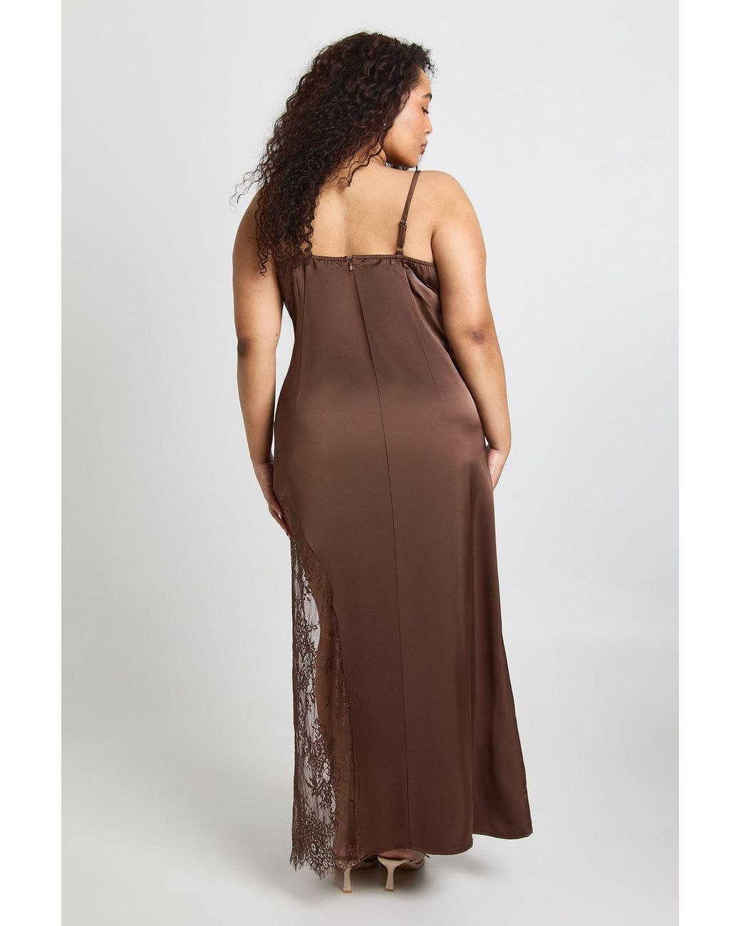 Boohoo Brown Plus Satin Cowl Lace Insert Maxi Dress