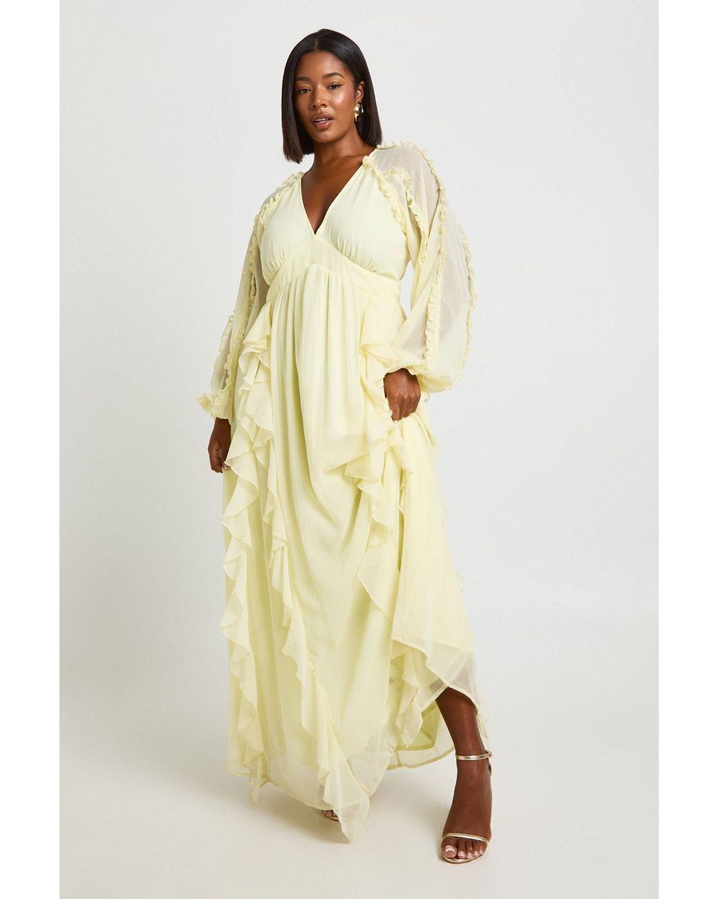 Boohoo Natural Plus Chiffon Long Sleeve Ruffle Maxi Dress
