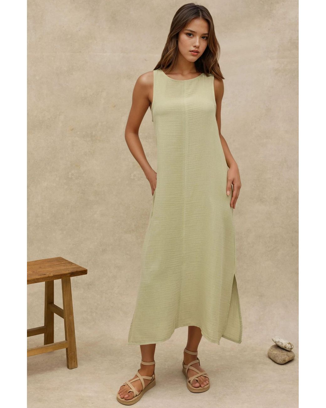 Hiccup Natural Textured Cotton Midi Beach Dress With Slit