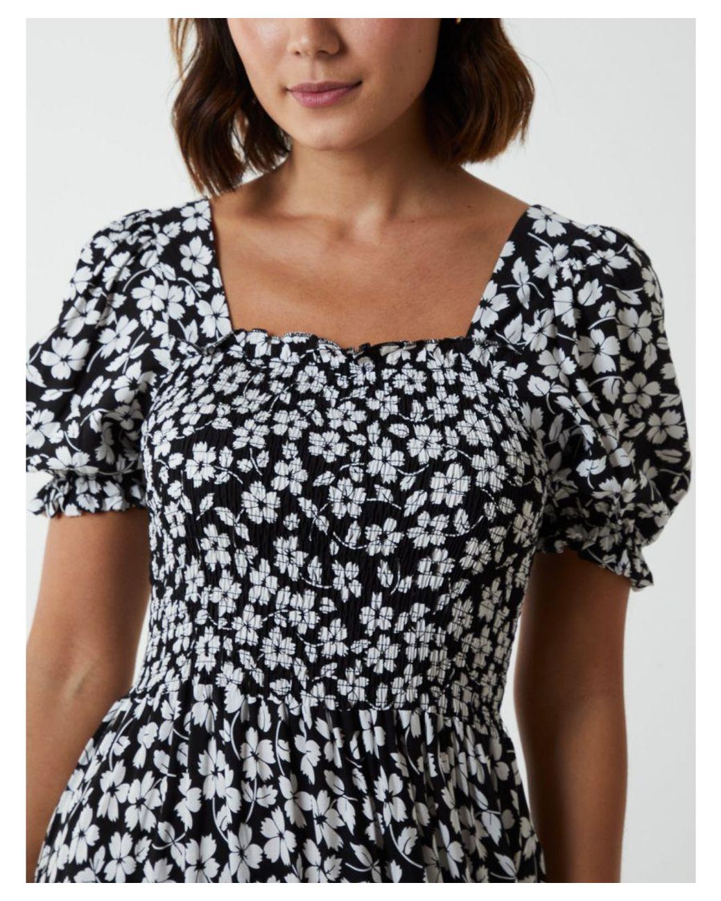Blue Vanilla Gray Square Neck Short Puff Sleeve Dress