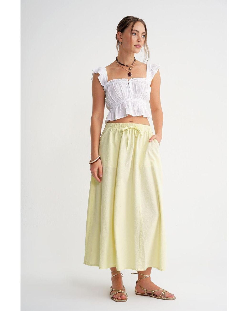 MixRay Natural High-Waisted Poplin Skirt With Drawstring Detail