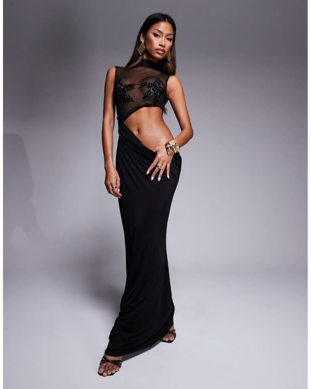ASOS Black Sheer Embellished Star Bust Detail Maxi Dress With Draped Skirt
