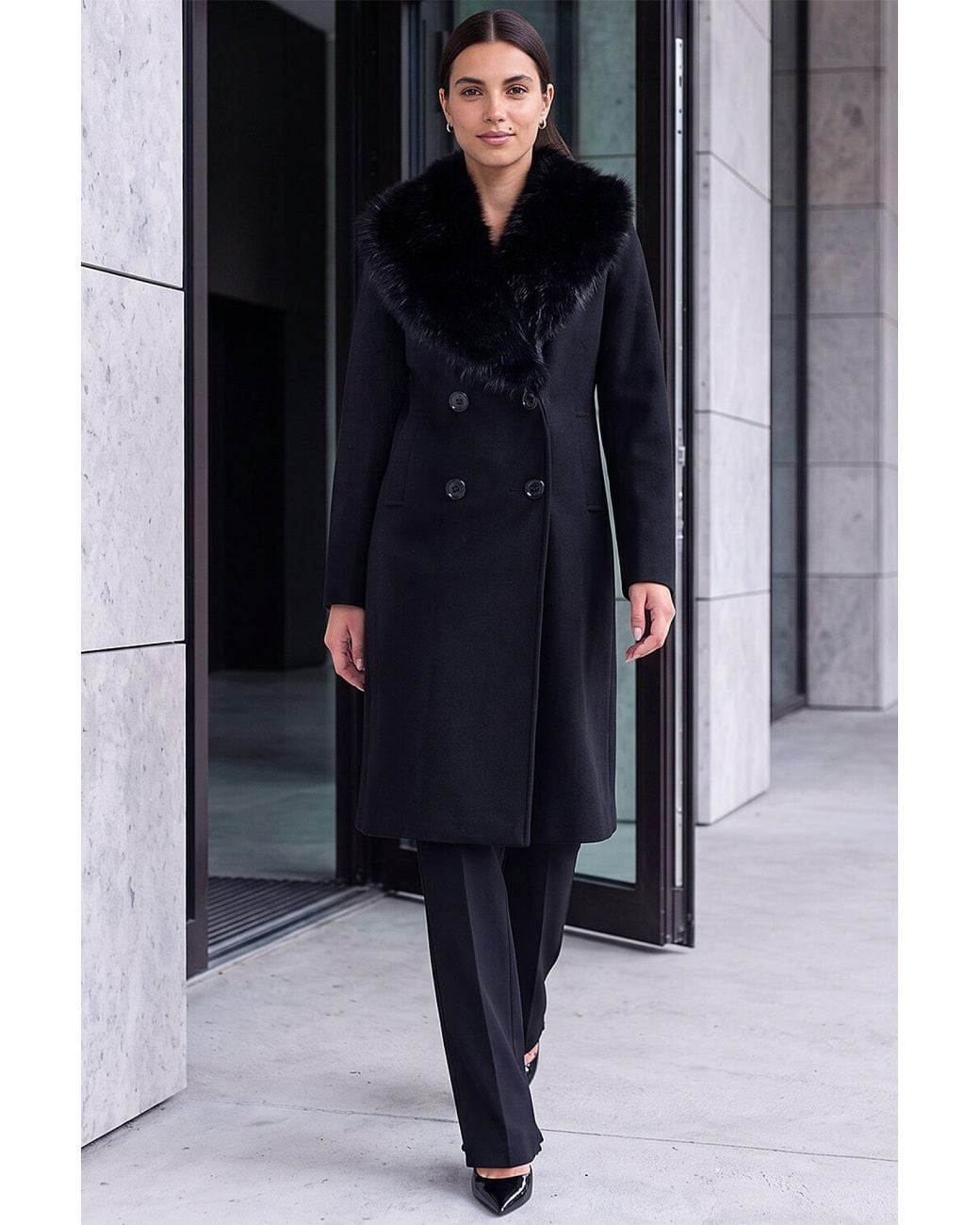 Roman Blue Faux Fur Trim Tailored Coat