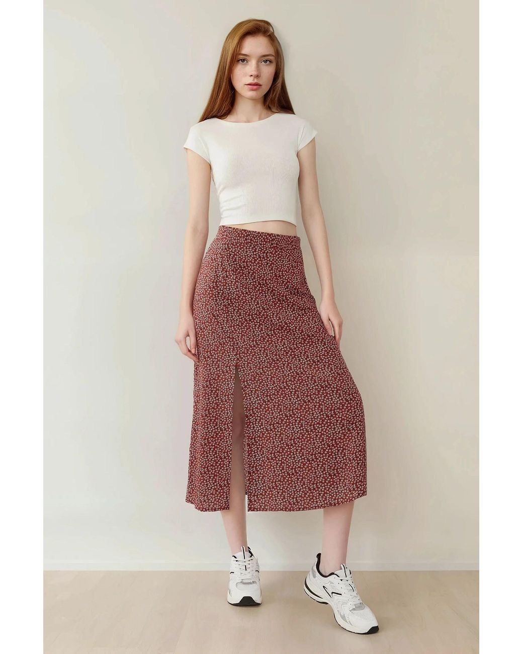 Hiccup Red Floral High Waist Midi Skirt